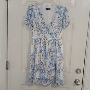 Womens Shein White Blue Floral Ruffle Dress